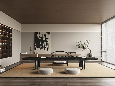 Serene Traditional Tea Room With Wooden Ceiling Calligraphy Painting Tatami Low Table And Floor-to-Ceiling Window 3d model