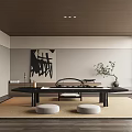 Serene Traditional Tea Room With Wooden Ceiling Calligraphy Painting Tatami Low Table And Floor-to-Ceiling Window
