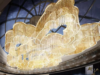 Crystal Chandelier Golden Cascading Crystals Ornate Cloud Like Design For Luxurious Arched Ceiling Interior 3d model