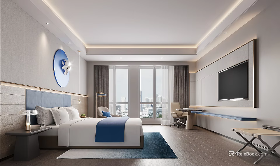 Modern Hotel Room Interior With King Bed Blue Accents Large Windows And City View 3d model 