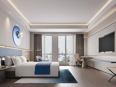 Modern Hotel Room Interior With King Bed Blue Accents Large Windows And City View 3d model