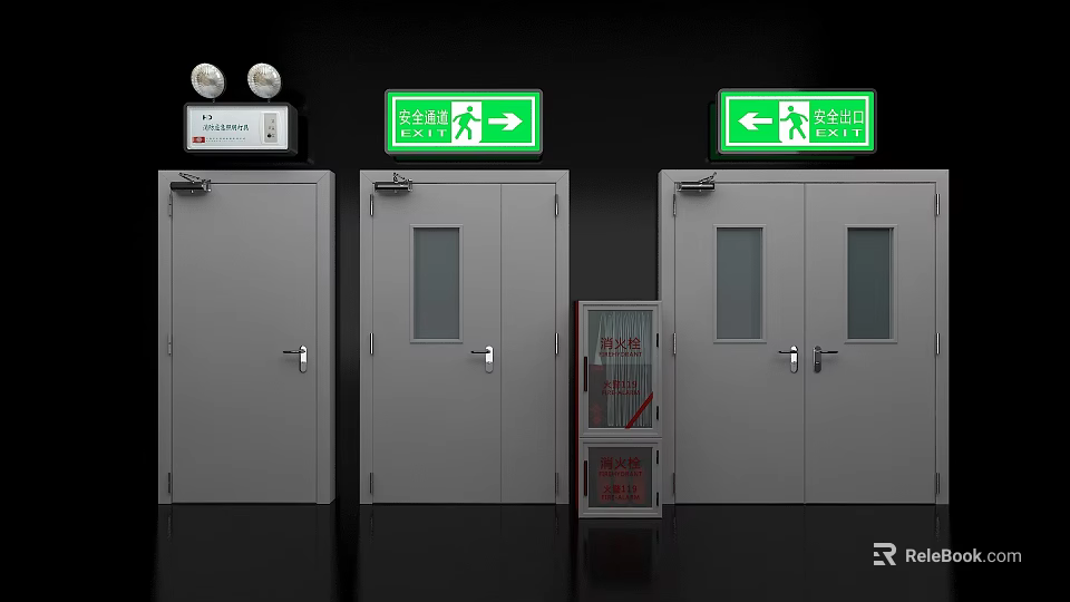 Safety Exit Signs With Green Indicators And Emergency Doors In Building 3d model 