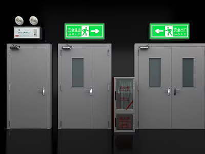 Safety Exit Signs With Green Indicators And Emergency Doors In Building 3d model
