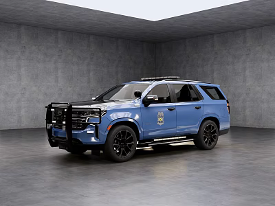Blue Police SUV With Black Wheels Front Guard And Badge In Gray Indoor Space 3d model