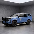 Blue Police SUV With Black Wheels Front Guard And Badge In Gray Indoor Space