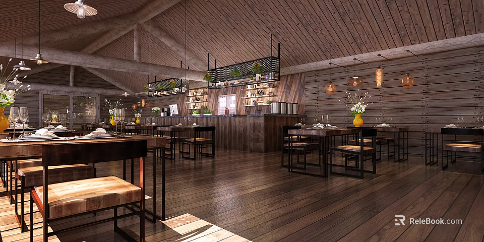 Cozy Restaurant Interior With Wooden Ceiling Pendant Lights Dining Tables Chairs And Bar Counter 3d model 