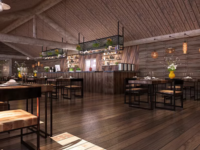 Cozy Restaurant Interior With Wooden Ceiling Pendant Lights Dining Tables Chairs And Bar Counter 3d model