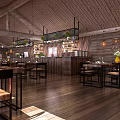 Cozy Restaurant Interior With Wooden Ceiling Pendant Lights Dining Tables Chairs And Bar Counter