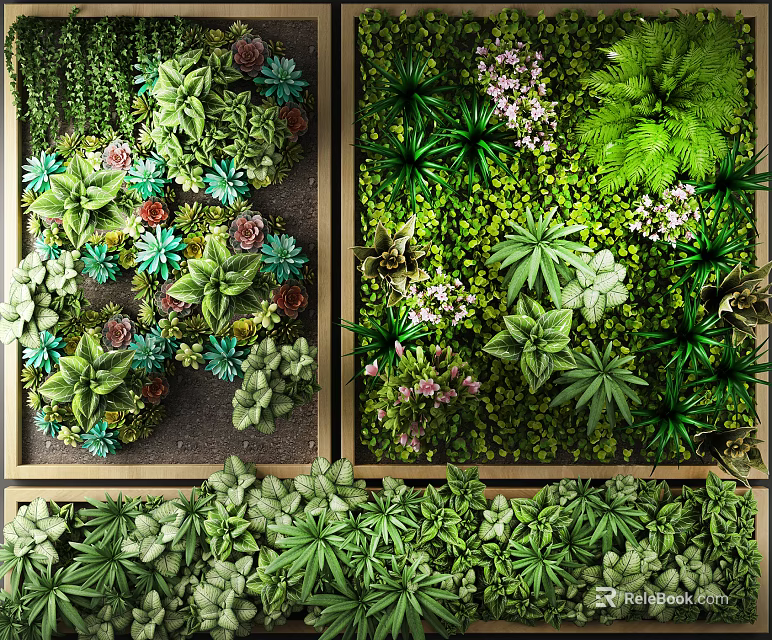 Decorative Living Green Plant Wall With Various Succulents Ferns And Small Flowers 3d model 