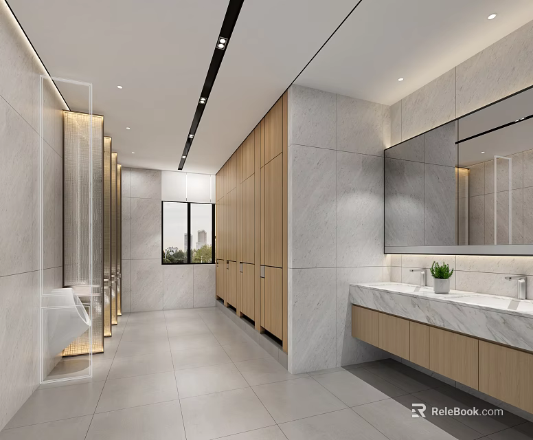 Modern Public Restroom Interior Featuring Marble Countertops Wooden Cabinets and Large Mirrors 3d model 