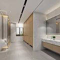 Modern Public Restroom Interior Featuring Marble Countertops Wooden Cabinets and Large Mirrors