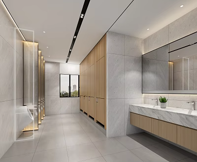 Modern Public Restroom Interior Featuring Marble Countertops Wooden Cabinets and Large Mirrors 3d model