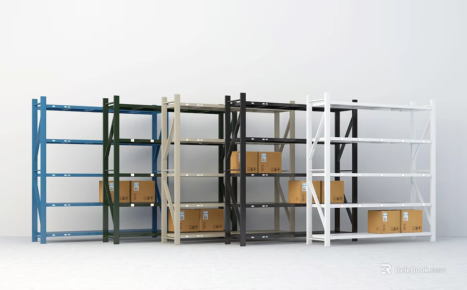 Multi Colored Storage Shelves Loaded With Cardboard Boxes In Warehouse 3d model 