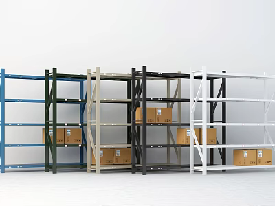 Multi Colored Storage Shelves Loaded With Cardboard Boxes In Warehouse 3d model