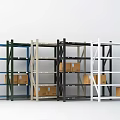Multi Colored Storage Shelves Loaded With Cardboard Boxes In Warehouse 3d model