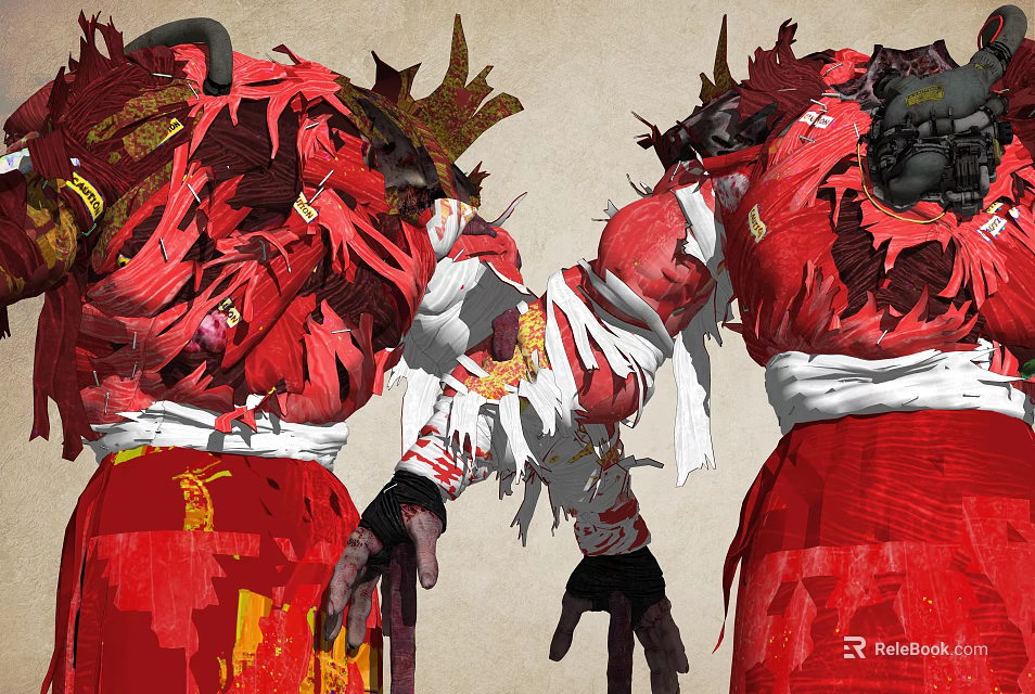 Game Movie Character In Red And White Tattered Outfit With Horned Decorations And Golden Patterns 3d model 