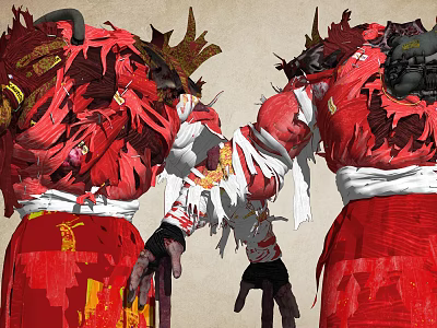 Game Movie Character In Red And White Tattered Outfit With Horned Decorations And Golden Patterns 3d model