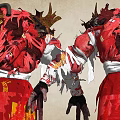 Game Movie Character In Red And White Tattered Outfit With Horned Decorations And Golden Patterns