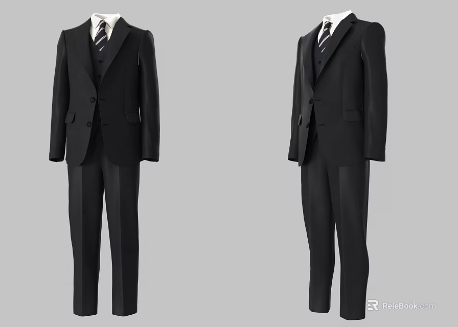 Elegant Black Suits with White Shirts and Striped Ties Formal Attire 3d model 