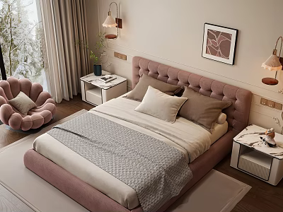 Modern Bedroom Design With Pink Headboard Gray Beige Bedding Pink Chair Nightstands Lamps Wall Art 3d model