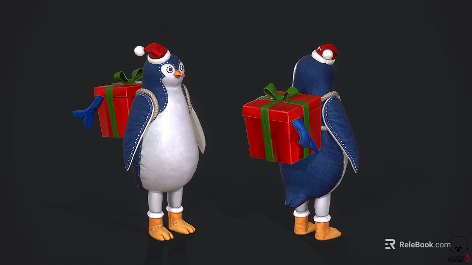 Game Character Penguin In Santa Hat Carrying Red Gift Boxes Blue White Body Orange Feet 3d model 