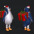 Game Character Penguin In Santa Hat Carrying Red Gift Boxes Blue White Body Orange Feet