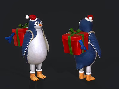 Game Character Penguin In Santa Hat Carrying Red Gift Boxes Blue White Body Orange Feet 3d model