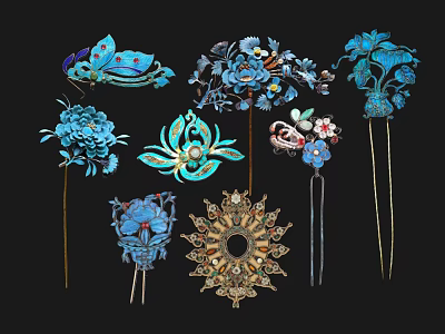 Traditional Chinese Blue Floral Butterfly Lotus Design Handcrafted Hair Pins And Decorative Pendants 3d model