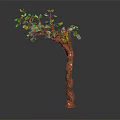 Cartoon Tree Scene With Green Leaves Small Yellow House And Brown Trunk On Dark Background