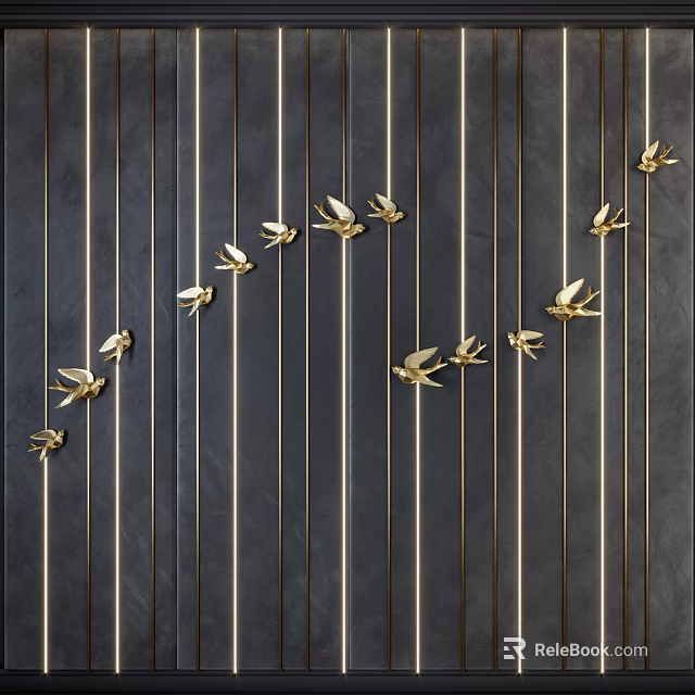Elegant Wall Decor Featuring Golden Birds And Vertical Lines On Black Background 3d model 