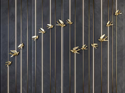 Elegant Wall Decor Featuring Golden Birds And Vertical Lines On Black Background 3d model