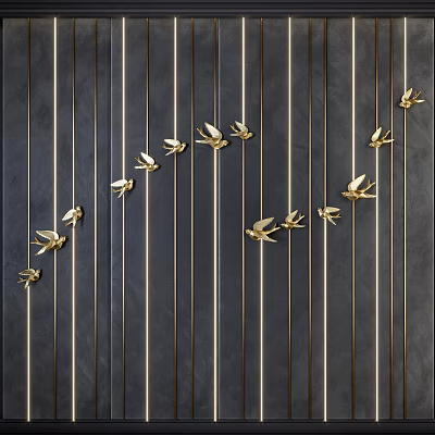 Elegant Wall Decor Featuring Golden Birds And Vertical Lines On Black Background 3d model