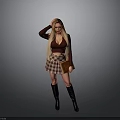 Stylish Woman With Long Blond Hair Wearing Maroon Top Plaid Skirt And Black Boots