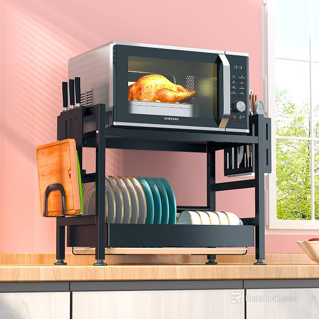 Black Kitchen Rack With Microwave Oven Knives Cutting Board And Plates On Countertop 3d model 