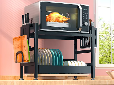 Black Kitchen Rack With Microwave Oven Knives Cutting Board And Plates On Countertop 3d model