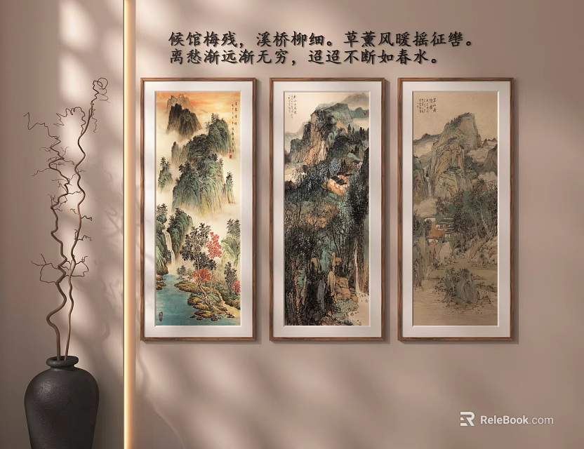 Three Chinese Landscape Paintings Hanging On Wall With Vase And Twig Decoration 3d model 