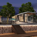 Modern Cabins With Stone Wall Wooden Stairs Glass Walls Wooden Deck And Trees