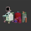 Medical Equipment Cart with Screen and Colored Gas Cylinders Including PRO Labeled Tanks
