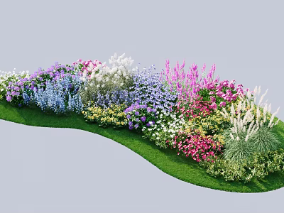 Colorful Garden Shrubs With Purple Pink White Blue Flowers And Green Grass Landscape 3d model