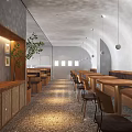 Modern Restaurant Interior With Open Layout Wooden Tables Green Plants And Pendant Lights