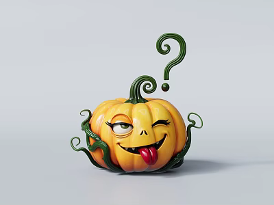 Pumpkin Shaped Doll with Curly Vines Winking Expression Sticking Out Tongue and Question Mark Vine 3d model