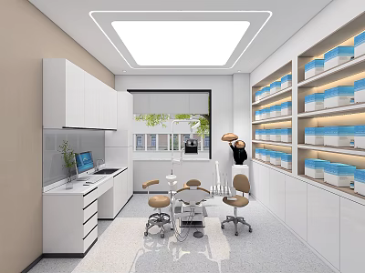 Hospital Outpatient Clinic Interior With White Cabinets Medicine Shelves Blue Boxes Tables Chairs And Computer 3d model