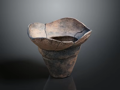 Ancient Cracked Clay Vessel With Wide Rim Conical Base And Textured Surface 3d model