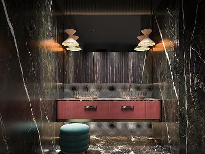 Elegant Luxury Modern Bathroom With Dark Polished Marble Surfaces And Double Sink Floating Vanity Design 3d model