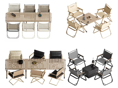 Modern Table And Chair Set With Foldable Metal Chairs Wooden Tabletop And Decorative Items 3d model