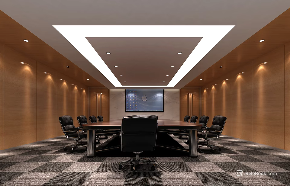 Modern Conference Room With Wooden Walls Large Screen Black Chairs And Checkerboard Carpet 3d model 