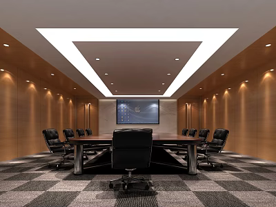 Modern Conference Room With Wooden Walls Large Screen Black Chairs And Checkerboard Carpet 3d model