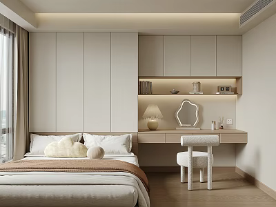 Modern Bedroom Interior Design With Bed Pillows Built in Wardrobe Dressing Table And Recessed Lighting 3d model