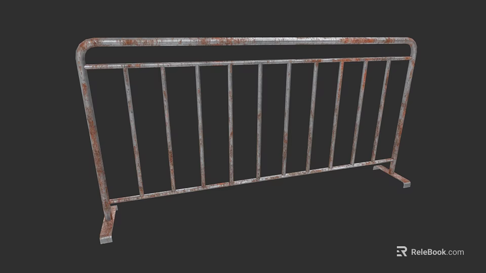 Rusty Metal Fence With Horizontal Top Rail And Vertical Bars Structure 3d model 