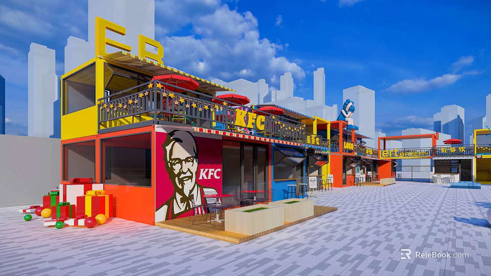 Vibrant Commercial Street With KFC Restaurant Colorful Buildings And Outdoor Seating 3d model 